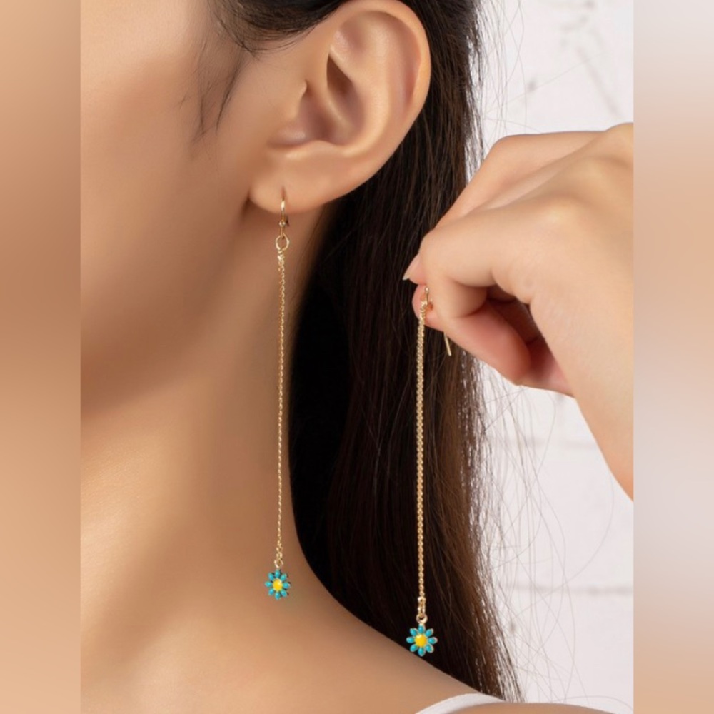 3 pair long floral gold drop chain dangle simple earrings